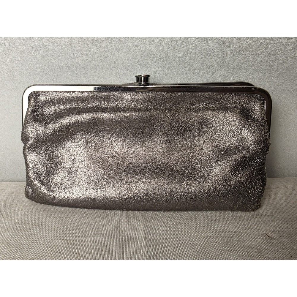 Hobo‎ Lauren Leather Clutch Wallet Metallic Pewter Distressed Double Kiss Lock